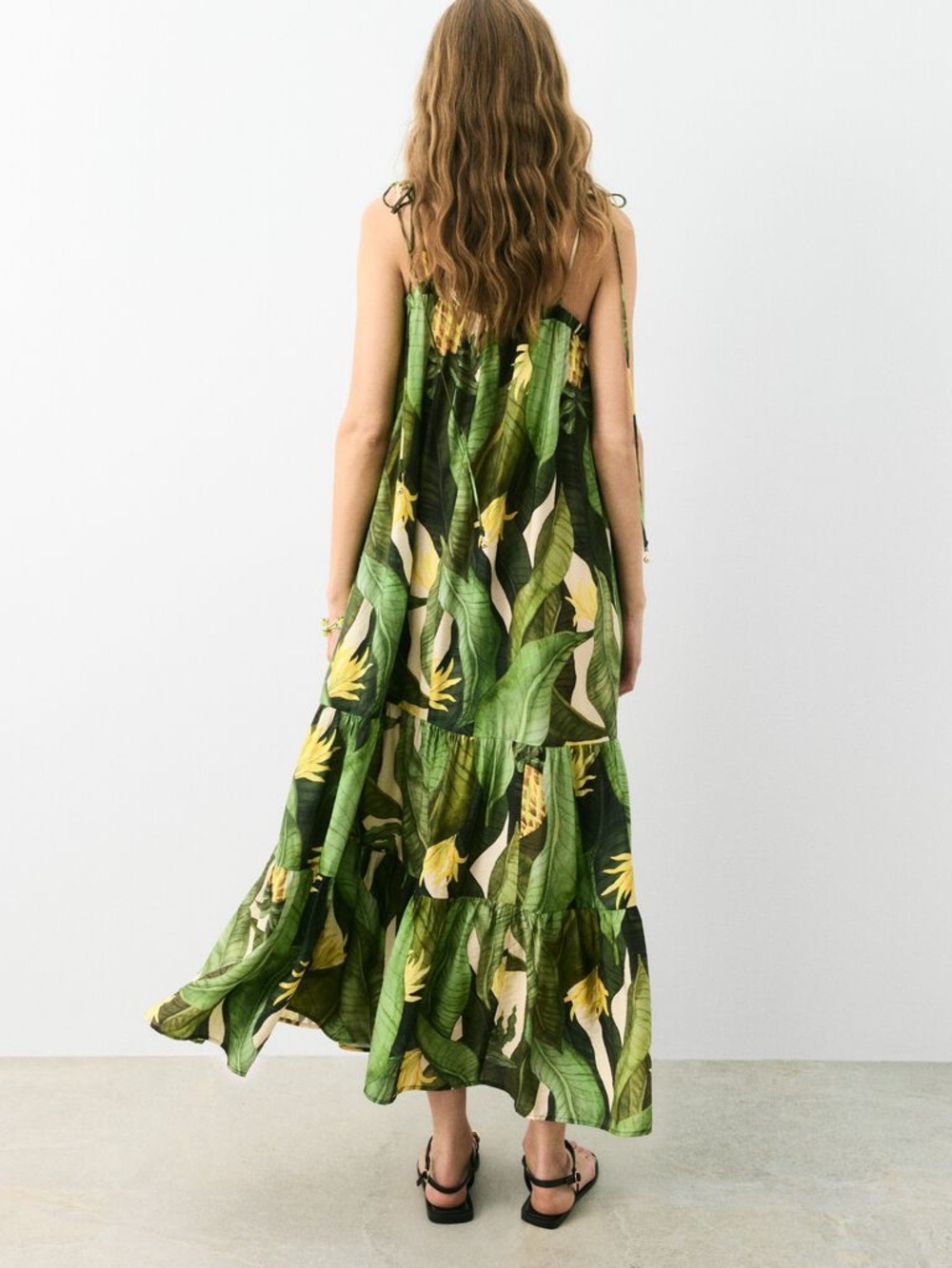 H&M Tropical Palm Print Maxi Dress Voluminous Tie Strap Resort Vacation Dress - Picture 2 of 6